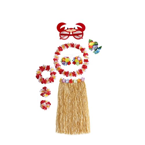 Bastrock für Erwachsene, Hula-Rock für Damen für hawaiianische Luau-Party-Outfits mit Blumenketten und Sonnenbrille (rot, M) von BaronHong