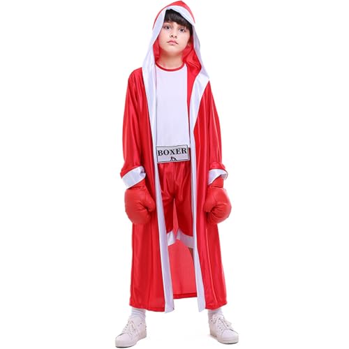 Kinder-Boxkostüm mit Boxerrobe mit Kapuze, Halloween, Cosplay, Rollenspiel-Boxuniform (rot, L) von BaronHong