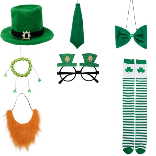 Party-Zubehörset zum St. Patrick's Day, Hut, Bart, Fliege, Krawatte, Armband und Brille, Koboldkostüm (7er-Pack, M) von BaronHong