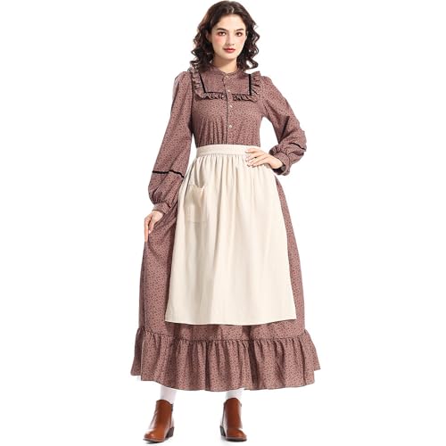 Präriekleid, Pionierkleid für Damen, lang, Kolonialkostüm für Erwachsene mit Schürze (braun, L) von BaronHong