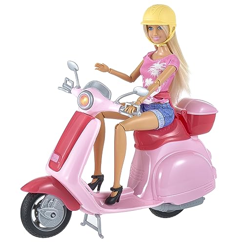 Baroni Toys Puppe Anlily Holiday Time mit mobilem Roller, Rosa, mit Ständer und Zubehör, Mädchenpuppe mit abnehmbarem Helm und Top Case zum Öffnen, Spielzeug für Mädchen 3 4 5 6 7 Jahre von Baroni Toys