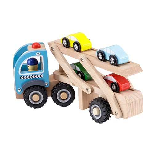 Baroni Toys Bisarca Holzspielzeug für Kinder, 6 Stück, Autotransporter aus Holz mit Zubehör und Autos im Lieferumfang enthalten, Lernspiel für Kinder 3 + mit Geschenkbox, 28x10x8 cm von Baroni Toys