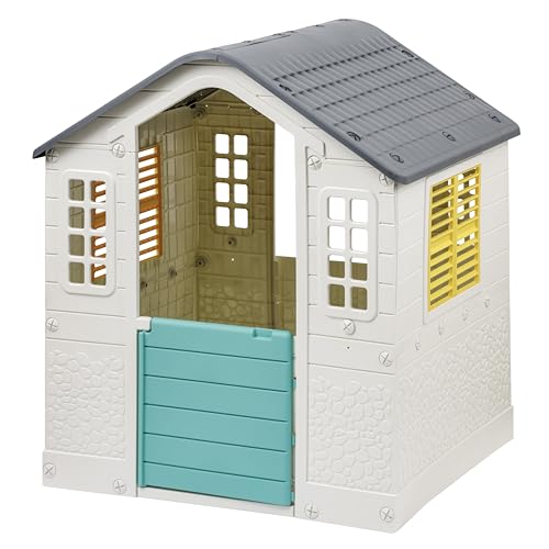 Baroni Toys Spielhaus für Kinder für drinnen unddraußen, Gartenhaus aus Kunststoff mit Tür und Fenster zum Öffnen mit Kleiner Tür für Tiere, für Kinder ab 2 Jahren, 109x95x87,5 cm, Klassisch von Baroni Toys