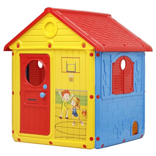 Baroni Toys Kinder-Gartenhaus, Kunststoff-Gartenhaus mit Türen und Fenstern zum Öffnen, niedliche Details, geeignet für Kinder ab 2 Jahren, 122x104x110 cm, gelb, rot und blau von Baroni Toys