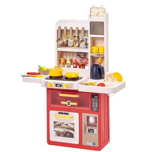 Baroni Toys Interaktive Spielküche mit echten Geräuschen, bestehend aus Backofen, Herd, Mikrowelle, Gefrierschrank und Waschbecken, 47-teiliges Lernspiel für Kinder von 3 bis 7, Rot, 87cm Groß von Baroni Toys