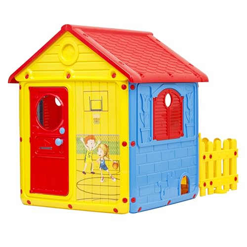 Baroni Toys Kinder-Gartenhaus, Kunststoff mit Türen und Fenstern zum Öffnen, feine Details, für Kinder ab 2 Jahren, 122x104x110 cm, gelb, rot und blau mit Zaun von Baroni Toys