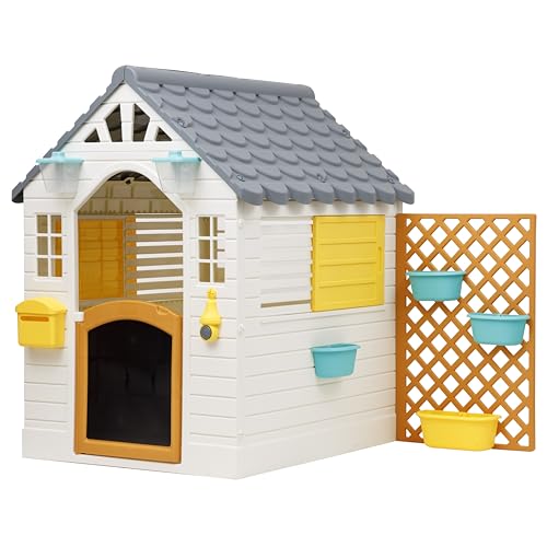 Baroni Toys Kinder-Gartenhaus mit Zaun, Kunststoffhaus mit Tür und Fenster zum Öffnen, elektrischer Klingel und Kreidetafel, für Kinder ab 2 Jahren, 140x108x127 cm von Baroni Toys