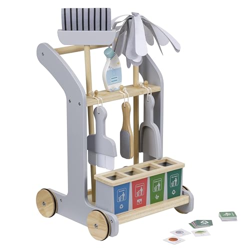 Baroni Toys Montessori Reinigungswagen aus Holz, 8 Teile, Lernspiel mit trainierbarem Wagen, mit Besen und Kehrschaufel, Mopp, Bürste, Zubehör für die Abfallsammlung, 29x32x48 cm von Baroni Toys