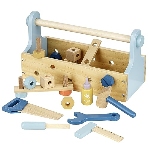 Baroni Toys Montessori-Werkzeug-Set für Tischler, tragbares Holzwerkzeug, Holzspielzeug für Kinder, Lernspielzeug, für Kinder von 3 bis 7 Jahren, 18-teiliges Holzspielset von Baroni Toys