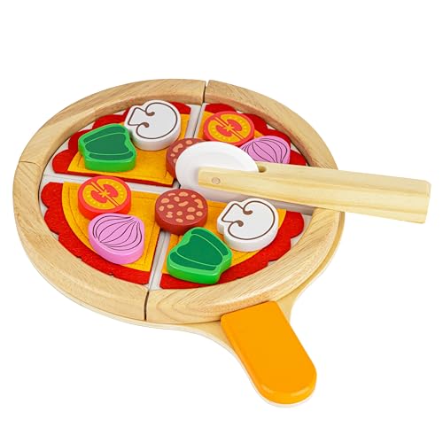 Baroni Toys Pizza-Schneidebrett aus Holz, Montessori-Spiel, Lernspiel aus Holz für Kinder, Pizza mit Pizzaschneider, Spielzeug für Kinder von 3 bis 7 Jahren, Spiel für die Zubereitung von Pizza von Baroni Toys
