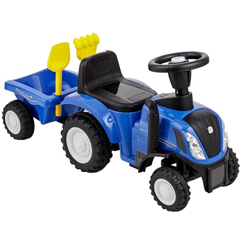 Baroni Toys Ride-On Traktor mit Anhänger für Kinder von 12 bis 36 Monat, Traktor mit Lufthupe, Rutschspielzeug, Sounds und Scheinwerfer funktionieren, inkl. Schaufel und Rechen, 29x91x44 cm (Blau) von Baroni Toys