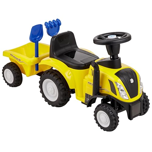 Baroni Toys Ride-On Traktor mit Anhänger für Kinder von 12 bis 36 Monat, Traktor mit Lufthupe, Rutschspielzeug, Sounds und Scheinwerfer funktionieren, inkl. Schaufel und Rechen, 29x91x44 cm (Gelb) von Baroni Toys