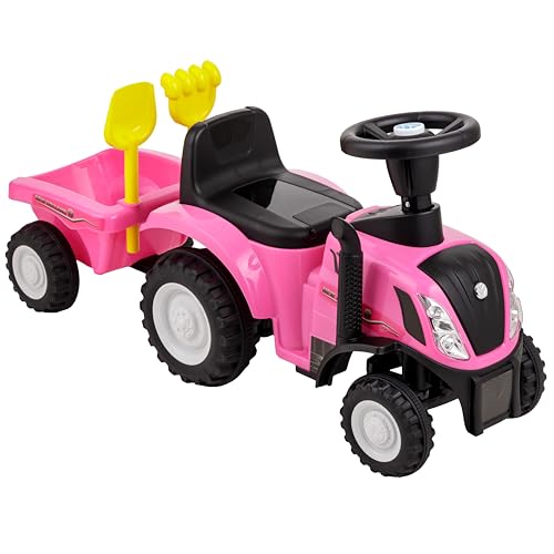 Baroni Toys Ride-On Traktor mit Anhänger für Kinder von 12 bis 36 Monat, Traktor mit Lufthupe, Rutschspielzeug, Sounds und Scheinwerfer funktionieren, inkl. Schaufel und Rechen, 29x91x44 cm (Rosa) von Baroni Toys