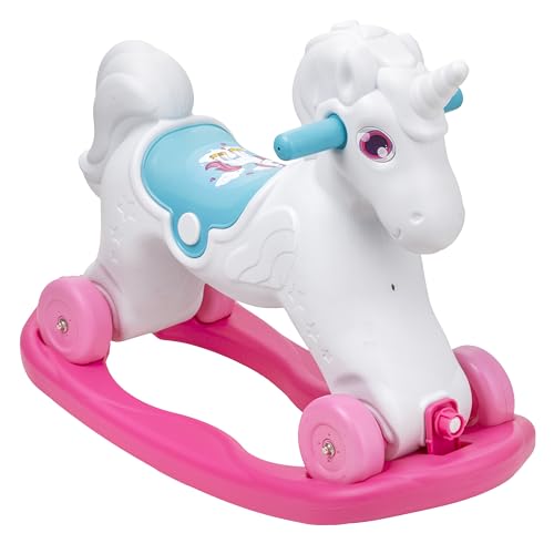 Baroni Toys 2-in-1-Schaukelpferd, abnehmbare Schaukelbasis, Pferd zum Reiten und mit Rollen, 2-5 Jahre, 70x49x30 cm (Rosa Einhorn) von Baroni Toys