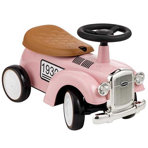 Baroni Toys Vintage Rutschfahrzeug für Kinder von 12 bis 36 Monaten, Retro Rutschauto mit Hupe, Staufach, Lenkstange und stabilen Rädern zum Laufenlernen, 25x59x35 cm (Rosa) von Baroni Toys