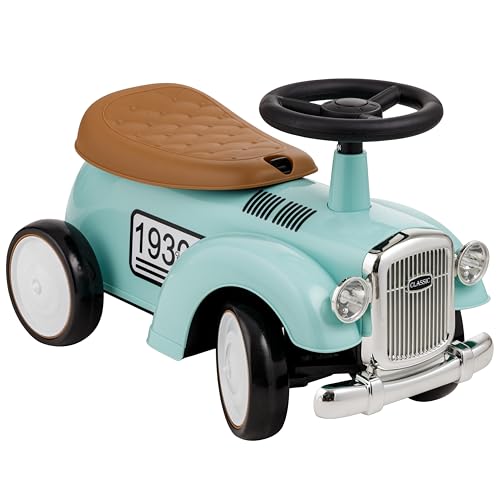 Baroni Toys Vintage Rutschfahrzeug für Kinder von 12 bis 36 Monaten, Retro Rutschauto mit Hupe, Staufach, Lenkstange und stabilen Rädern zum Laufenlernen, 25x59x35 cm (Tiffany) von Baroni Toys