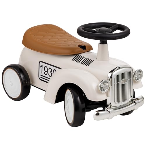 Baroni Toys Vintage Rutschfahrzeug für Kinder von 12 bis 36 Monaten, Retro Rutschauto mit Hupe, Staufach, Lenkstange und stabilen Rädern zum Laufenlernen, 25x59x35 cm (Weiß) von Baroni Toys