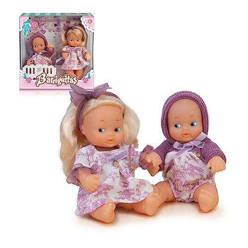 los Barriguitas Baby-Schwestern, 2 passende Puppen, Blonde Figur und kleine Figur mit Haaren und Bekleidungszubehör, inklusive Wiege, Jungen und Mädchen ab 3 Jahren, Famosa (BFG05000) von Barriguitas