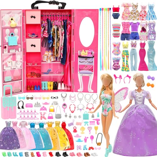 BARWA Puppenschrank, Kleiderschrank mit Kleidung und Zubehör, Schmetterlingsflügel, Badeanzüge, Prinzessinnenmode, Kleider, Outfits, Haar-Halsketten, Schuhe, Taschen, Accessoires für 29,2 cm große von Barwa