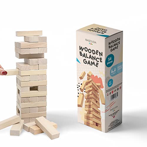 Bascuda Stapelturm Holz - Holzklötze Wackelturm Holz Stapelspiel - Familienspiel aus Holz mit 54 Teilen Geeignet ab 3 Jahren - 7 x 7 x 25 cm von Bascuda