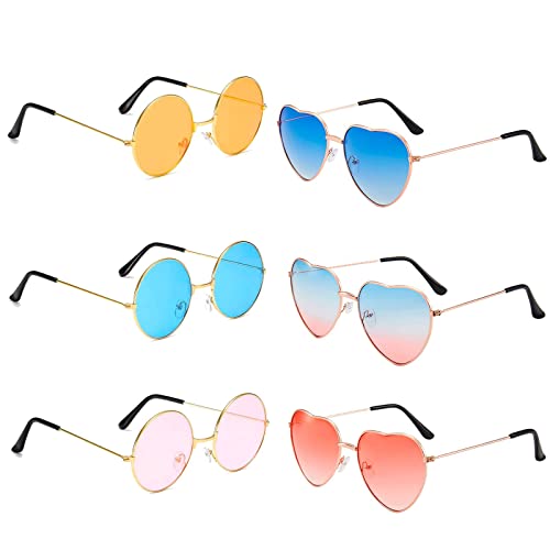 6 Paar Hippie Sonnenbrille,Rund Herz Sonnenbrille,Party Brillen,Retro Kostüm Brille für Kinder Herren Damen 60er 70er 80er 90er Party Hippie Chic,Kleid Accessoires,Geburtstagsparty von Basetousual