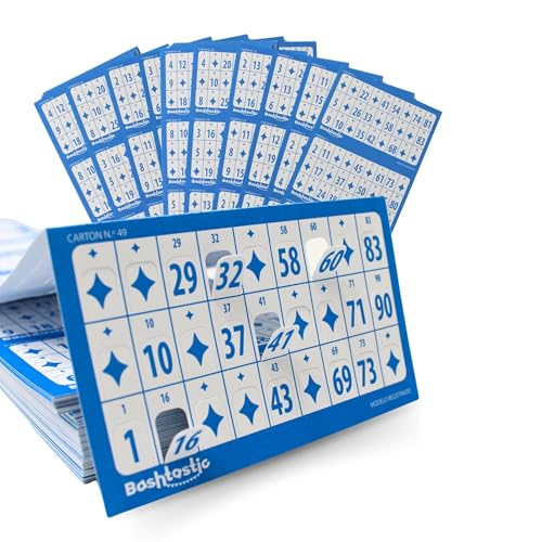 Bashtastic Bingo Karten - Gestanzte Bingokarten, Bingo Spiel Erwachsene, Bingo Block für Bingo, Wiederverwendbare Bingokarten, nummeriert und unterschiedlich voneinander. (Blau, 1008 Bingo Karten) von Bashtastic