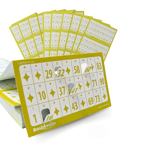 Bashtastic Bingo Karten - Gestanzte Bingokarten, Bingo Spiel Erwachsene, Bingo Block für Bingo, Wiederverwendbare Bingokarten, nummeriert und unterschiedlich voneinander. (Gelb, 1008 Bingo Karten) von Bashtastic