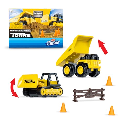 Basic Fun Mini Classics - Tonka 2er-Pack (Metal Movers Kippwagen und Bulldozer mit 3 Verkehrskegeln und Absperrzaun) von Basic Fun