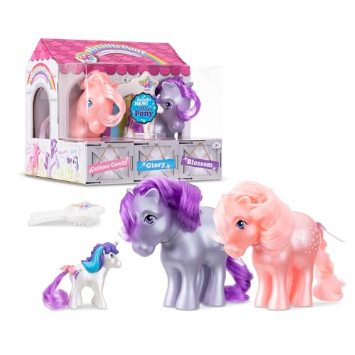 Basic Fun Mein kleines Pony, Sammlerpaket zum 40-jährigen Jubiläum - Perlmuttblüte, Zuckerwatte und Mini-Ruhm, Spielzeug-Geschenkset, Retro-Pferdespielzeug für Mädchen und Jungen, Alter 4 35339 von Basic Fun