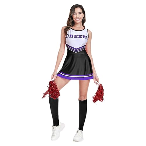 Bastwahl Cheerleaderkostüm Damen Mit Cheerleader Pompoms - Cheerleadering Outfit Mädchen für Erwachsene Cheer Outfit Fasching Party Halloween Kostüm Kleid Karneval Mottoparty von Bastwahl