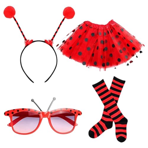 Bastwahl Faschingskostüme Damen Mädchen, Ladybug Kostüm Kinderkostüme Mädchen Rot/Rosa Tüllrock mit Gepunktet + Haarreifen mit Sonnenbrille für Halloween Fasching Karneval Cosplay Party von Bastwahl