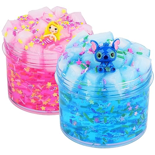 2 Pack Jelly Cube Crunchy Slime, Clear Slime for Girls Boys, Jelly Cube Slime Kit, Non Sticky Water Slime Stress Relief Toy, for Kids Party Favours, School Education and Birthday Gift (Blue & Pink) von Basywiim