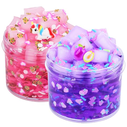 2 Pack Jelly Cube Crunchy Slime, Clear Slime for Girls Boys, Jelly Cube Slime Kit, Non Sticky Water Slime Stress Relief Toy, for Kids Party Favours, School Education and Birthday Gift (Purple & Pink) von Basywiim