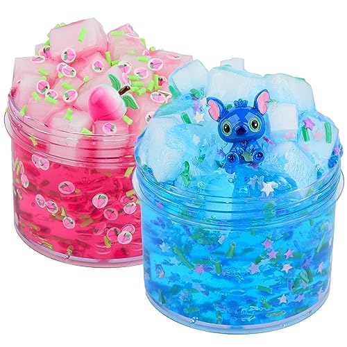 2 Pack Jelly Cube Crunchy Slime Kit, Blue and Pink Clear Crunchy Slime, Super Soft Crystal Slime Toy, for Kids Party Favours and School Education, Stress Relief Toy for Girls and Boys von Basywiim