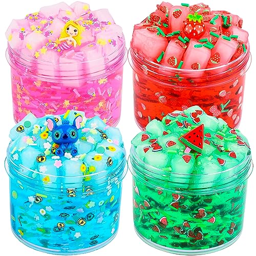 4 Pack Jelly Cube Crunchy Slime Kit, with Red, Blue, Pink and Green Clear Crunchy Slime Toy, Super Soft & Non-Sticky, Stress Relief Toy for Girls and Boys, Kids Party Favors and School Education von Basywiim