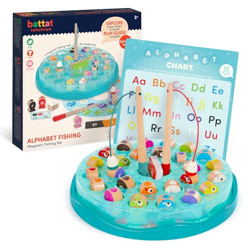 Battat Education BE3709Z Magnetisches Angelspiel Holz mit ABC und bunten, Buchstaben Lernen, Angelset mit 2 Angeln und 26 Fischen für Kinder ab 2 Jahren, Holzspielzeug (58 Teile), Blau von Battat Education