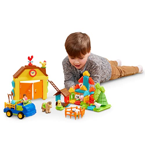 Bristle Blocks 3098JTZ Bausteine Bauernhof Set 67 Teile – Lernspielzeug Bauklötze mit Borsten, Bauernhoftiere, Figuren – Motorikspielzeug Kinder und Baby Spielzeug ab 2 Jahren, Bunt von Battat