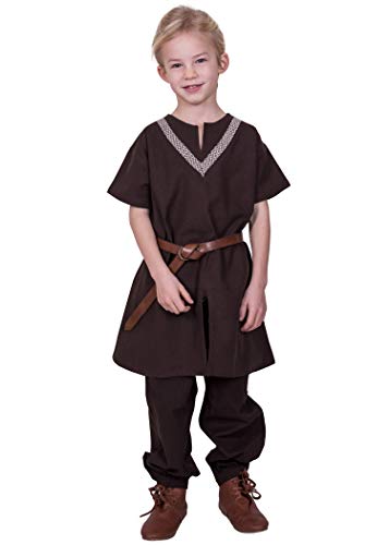 Battle-Merchant Kinder Mittelalter Tunika Ailrik mit Bordüre kurzarm | Jungen Mädchen (Braun, 110) von Battle-Merchant