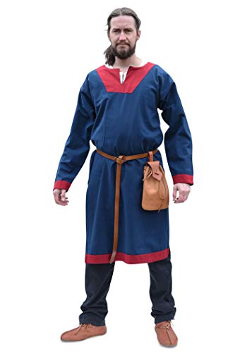 Battle-Merchant Wikinger Tunika Vallentin Langarm für Herren Baumwolle | Mittelalter LARP Vikings mittelalterliches Kostüm (Blau/Rot/M) von Battle-Merchant