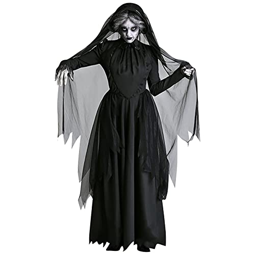 Battnot Halloween Kostüm Damen Geister Schwarz Geisterbraut böse Königin, Karneval Ausführen Kostüme Erwachsene Vampir Lange Kleid Horror Damen Hexenkostüm Zauberin Hexe Kostüm Faschingskostüme von Battnot