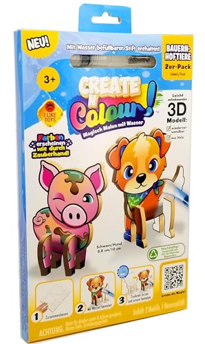 Create N Colour - Bauernhoftiere Hund & Schwein: 3D Holzmodelle zum Gestalten mit Wasser, inkl. Wassermalstift, 2er Pack (201016) von Bauer Spielwaren