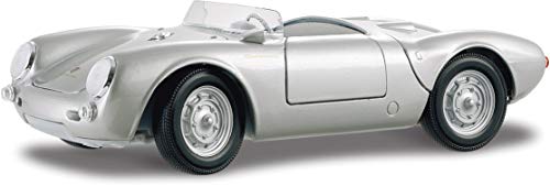 Bauer Spielwaren 2043030 Maisto Porsche 550 A Spyder, Modellauto mit Federung, Maßstab 1:18, Türen und Motorhaube beweglich, Fertigmodell, lenkbar, 24 cm, silber (531843) von Bauer Spielwaren