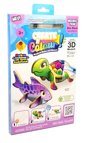 Create N Colour - Meerestiere Meeresschildkröte & Hai: 3D Holzmodelle zum Gestalten mit Wasser, inkl. Wassermalstift, 2er Pack (201024) von Bauer Spielwaren