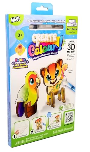 Create N Colour - Meine Tierwelt Puma & Papagei: 3D Holzmodelle zum Gestalten mit Wasser, inkl. Wassermalstift, 2er Pack (201019) von Bauer Spielwaren