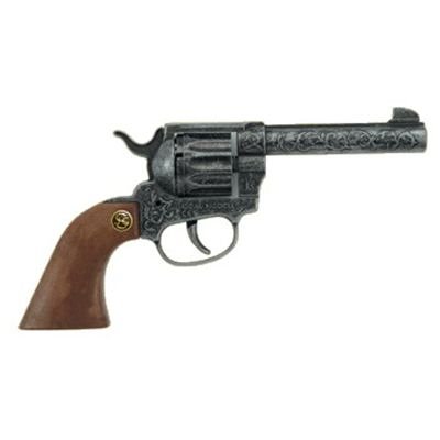 J.G.Schrödel Magnum antik Spielzeugpistole oder Cowboy-Revolver aus Zink und Kunststoff für Zündplättchen-Munition, in Box, 12 Schuss, 22 cm, grau / silber (203 8678) von Bauer Spielwaren