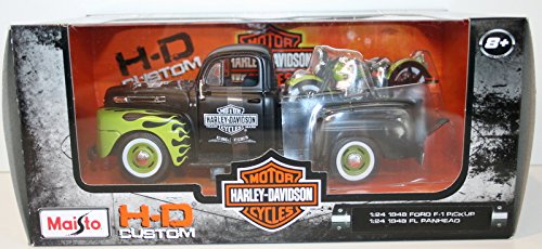 Maisto Ford F-1 Pickup ´48 + FL Panhead ´48: Originalgetreues Modellauto mit Motorrad 1:24, Türen zum Öffnen, Fertigmodell, 18 cm, schwarz-grün (532171) von Bauer Spielwaren