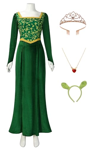 Bauxhie Damen Princess Fiona Kostüm Erwachsene Fiona Grünes Kleid Krone Halskette Kopfbedeckung Anzug für Halloween (Grün, 3XL) von Bauxhie