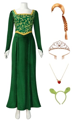 Bauxhie Damen Princess Fiona Kostüm Erwachsene Fiona Grünes Kleid Krone Halskette Kopfbedeckung Anzug für Halloween (Grün + Perücke, 3XL) von Bauxhie