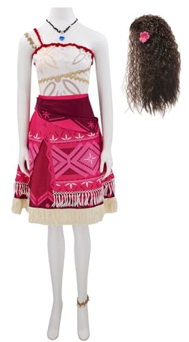 Bauxhie Erwachsene Moana Kostüm Damen Ozean Prinzessin Kleid mit Halskette Zubehör Abenteuer Outfits für Halloween (Rot mit Perücke, 3XL) von Bauxhie