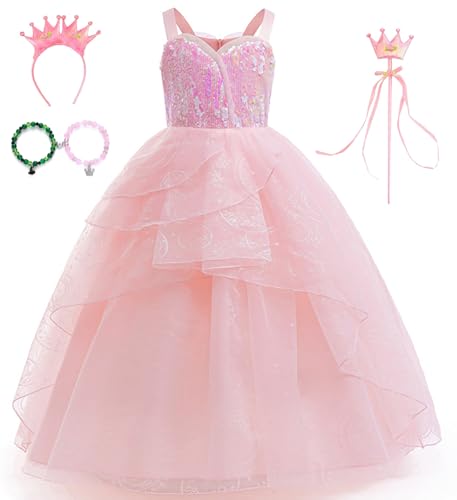 Bauxhie Girls Ginda Costume Kids Elphaba Dress with Hat and Cape Bracelets Suit Witch Costume for Halloween (Rosa, 11-12 Jahre) von Bauxhie